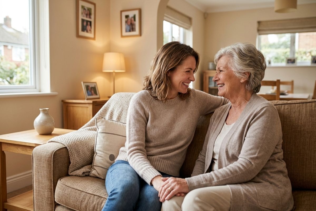 Two adults sit together on a sofa, holding hands and smiling at each other in a cozy living room.