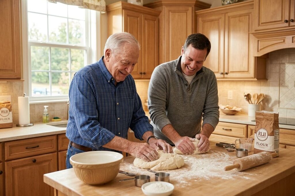 Two adults smiling while kneading dough on a floured kitchen counter with a mixing bowl and rolling pin.