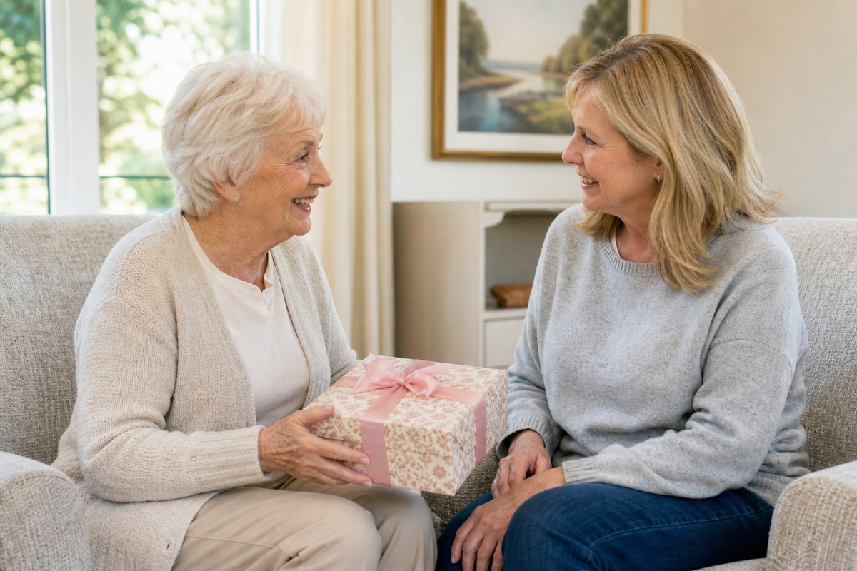 Two adults sitting on a sofa smiling at each other, one holding a wrapped gift with a pink bow.