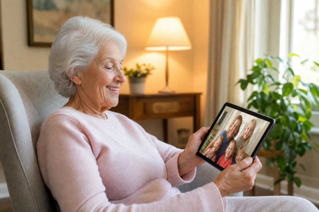 Older adult smiling during a video call on a tablet showing an adult and children, seated in an armchair at home.
