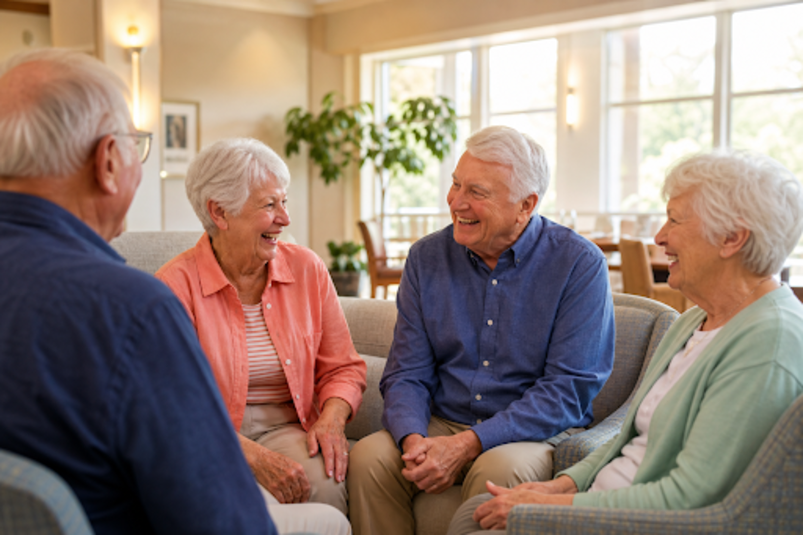 Four older adults sit together on sofas in a bright living room, smiling and talking.