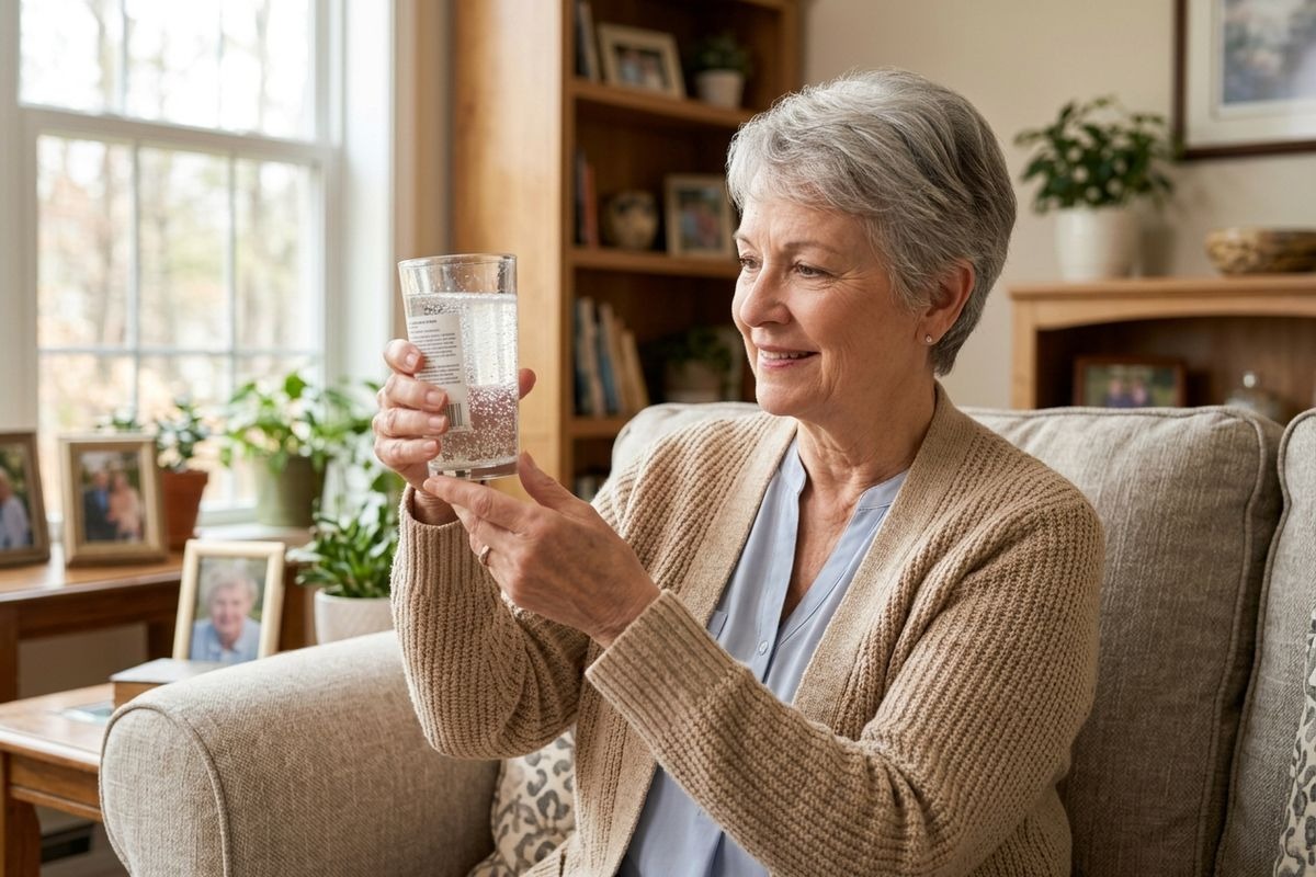 An older adult sits on a sofa, smiling while holding a glass of fizzing water in a bright room.