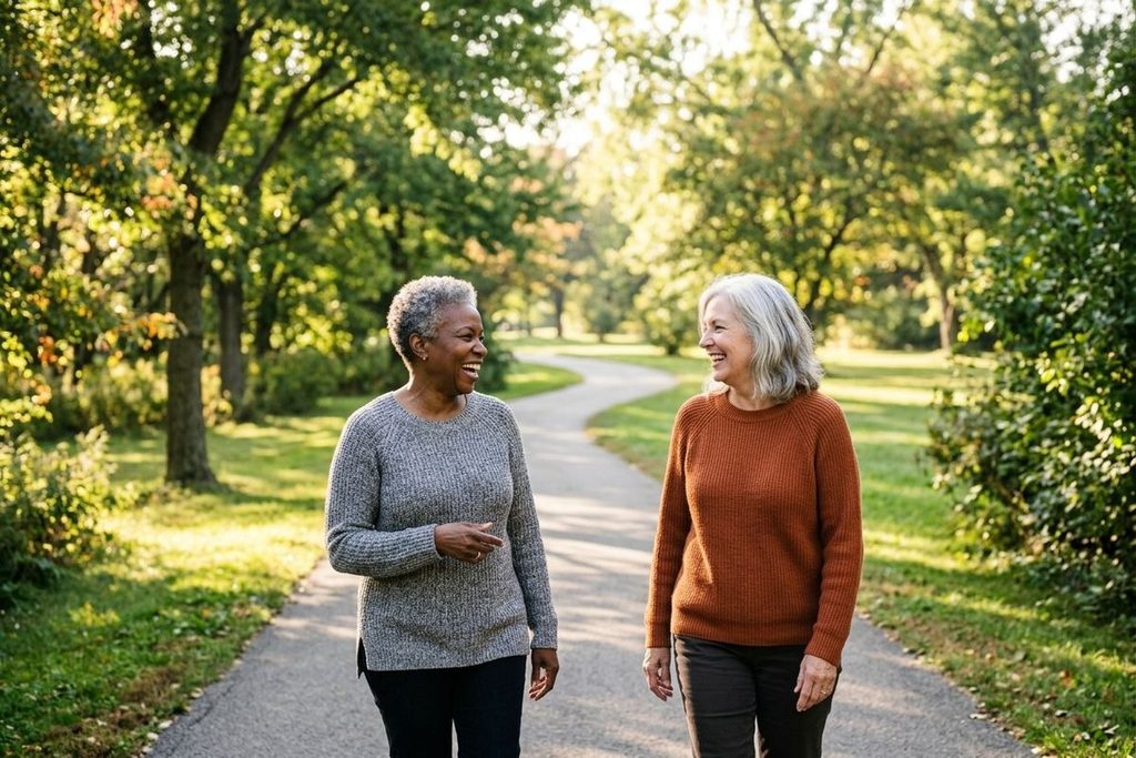 Two older adults walk and laugh together in sweaters on a tree-lined park path.