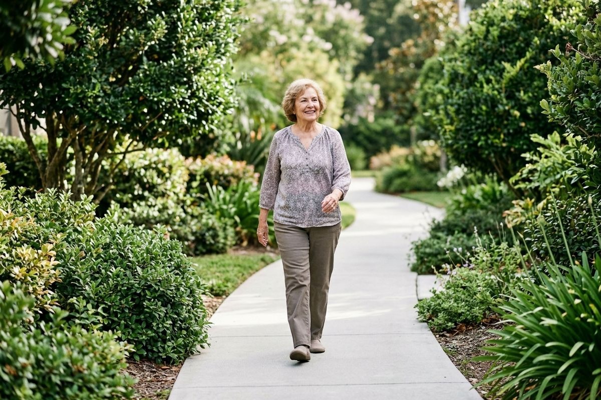 An older adult walks along a curved garden path lined with green shrubs and trees.
