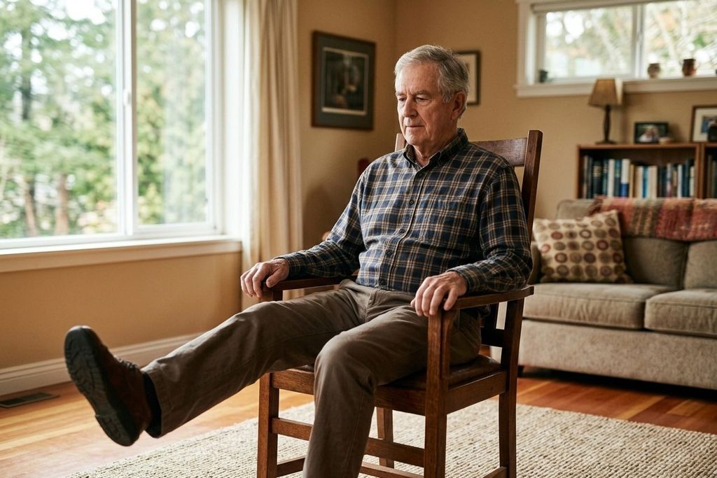 An older adult in a plaid shirt sits on a wooden chair, extending one leg in a stretch.